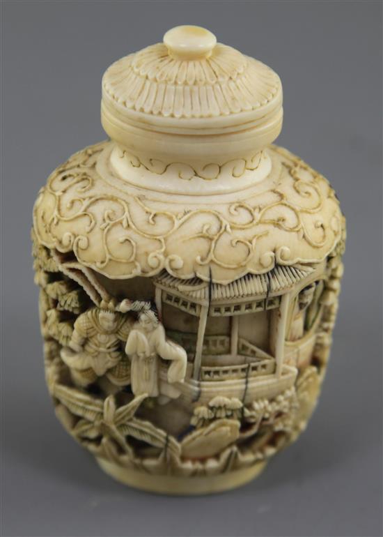 A Chinese ivory snuff bottle and stopper, 19th century, height 8.8cm